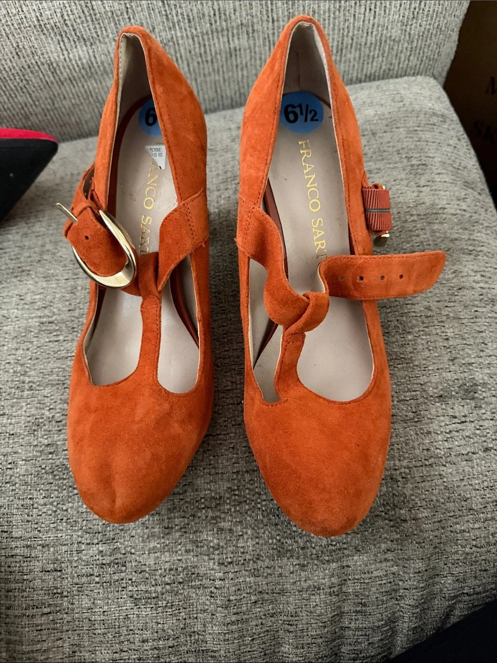 Franco Sarto Orange Suede T-Strap Heels with Gold Buckle